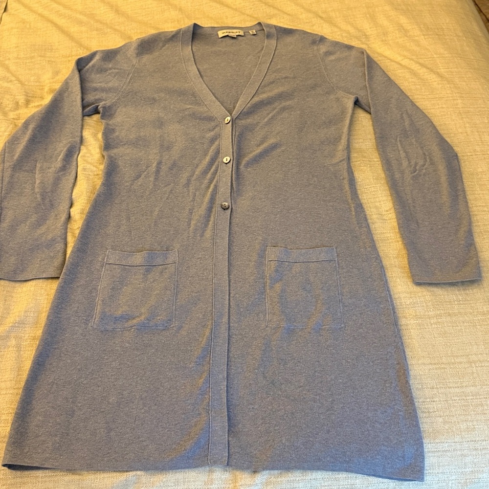 Repeat Cotton Mid Length Button Front Cardigan with Patch Pockets. Gray. Size M.